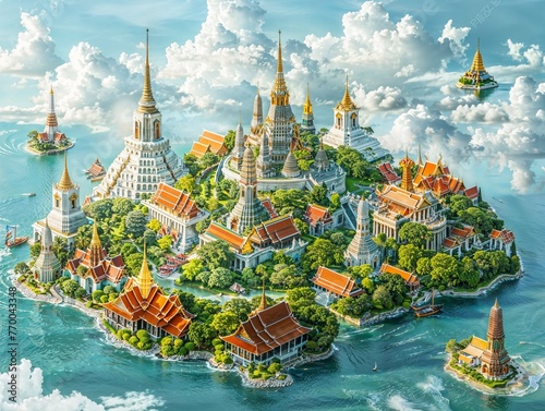 Bangkok as a mini city with all of Bangkok's landmarks sit on an island off of the coast in amazing graphics