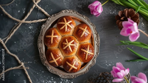 Easter. Good Friday. Freshly baked buns on a linen napkin. Selective focus.
