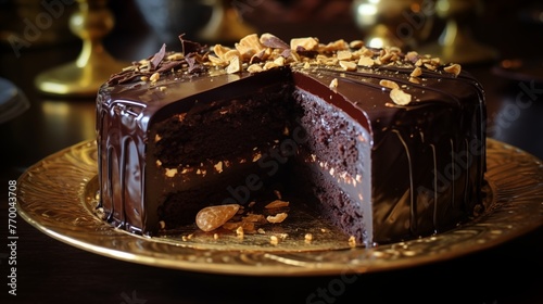 Rich, dark, decadent chocolate truffle cake with silky chocolate glaze and gold leaf accents.