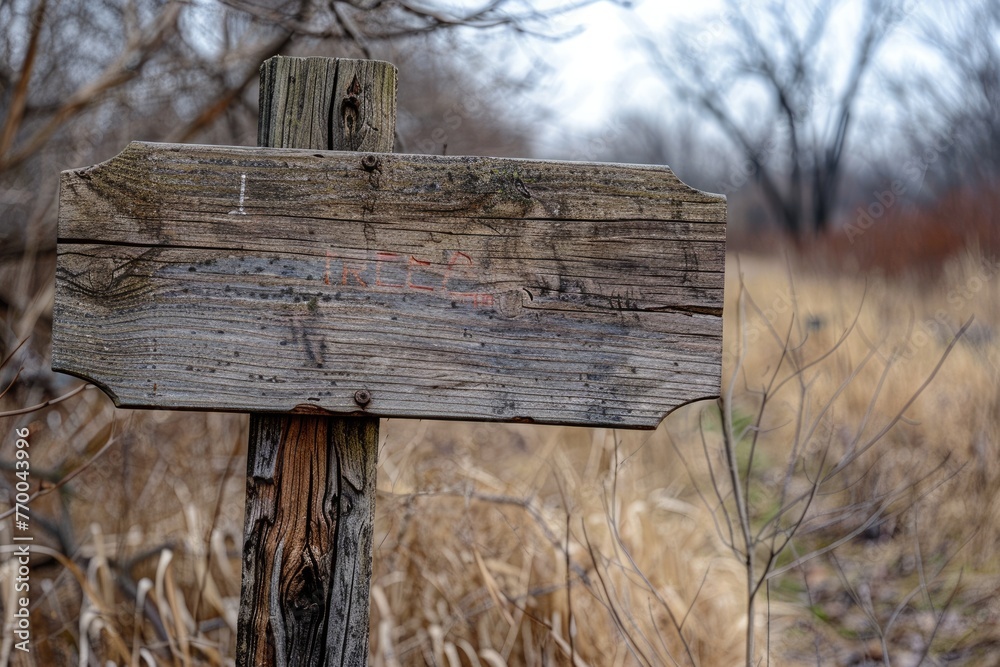 Naklejka premium Blank Trail Sign on Wooden Post. Rustic Old Wooden Trail Sign for Rural and Vintage Outdoor Experience
