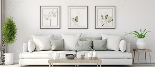A stylish living room with a cozy white couch  a coffee table  and beautiful paintings hanging on the grey walls  creating a comfortable and artistic atmosphere