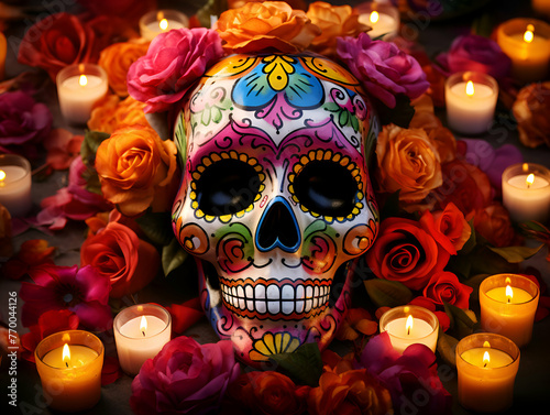 Day of the Dead sugar skull with roses and candles on dark background