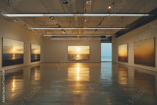 large art room with different shots of a sun setting in the middle