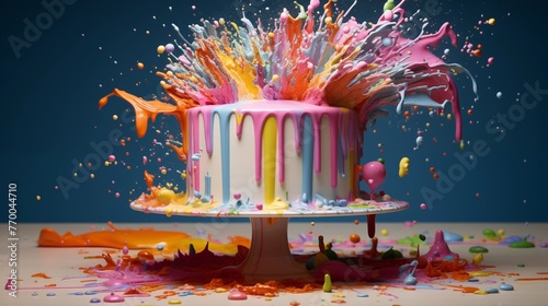Slow-motion splash of rainbow candy sprinkles exploding across a stark white cake surface.