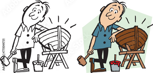 A vintage retro cartoon of a man building a new boat with his tools. 