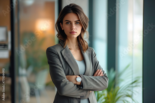 Self-assured businesswoman with folded arms standing in a stylish office, embodying confidence and corporate elegance