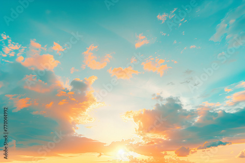 Beautiful sky with sunset and cloud background, sky blue, yellow orange, sky blue gradient background, soft light, bright colors