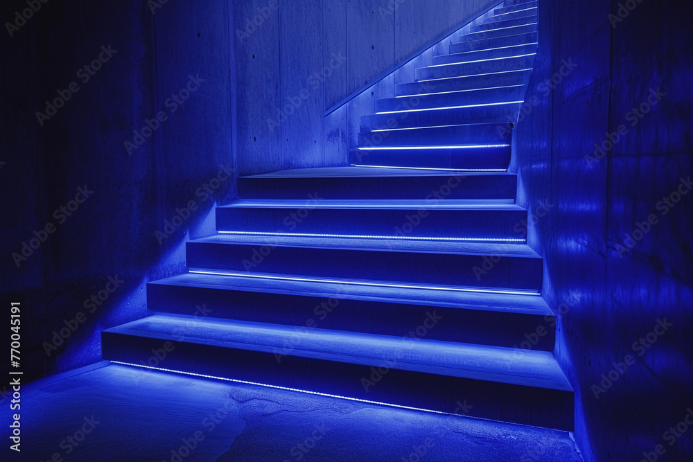 Neon indigo light softly illuminating a set of sleek, minimalist concrete stairs Neon indigo light softly illuminating a set of sleek, minimalist concrete stairs