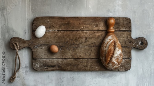  An image depicts a cutting board with a loaf of bread atop it, adjacent to an egg and an unpeeled loaf of bread