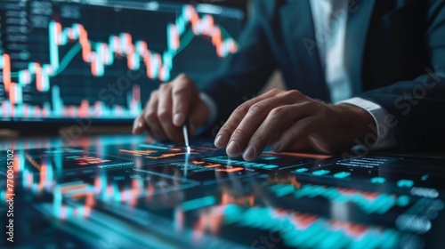 Businessman analyzing digital stock market data on a high-tech touchscreen interface. Financial investment and trading concept