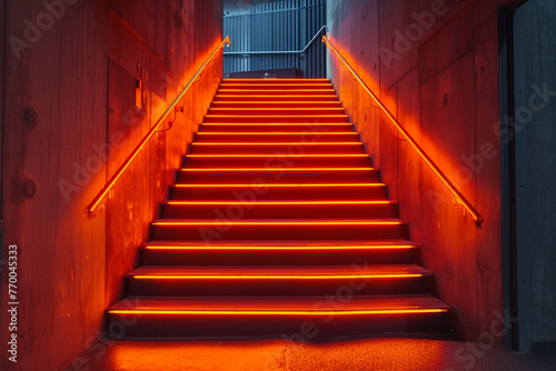 Neon orange stairs with a pixelated effect  reminiscent of retro video games