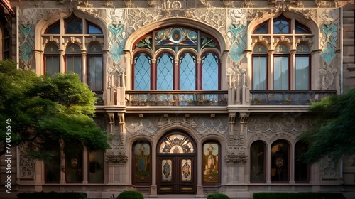 Panoramic view of the facade of a building in the park