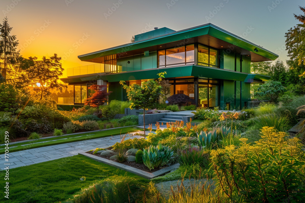 Contemporary home in emerald green, bathed in sunrise golden glow. Elegant landscaping highlighted in vibrant, high-definition clarity, no human presence.