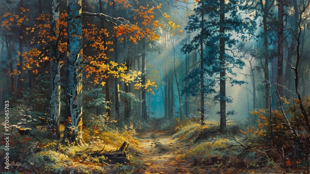  A forest landscape painting featuring a prominent path, flanked by tree clusters on both sides