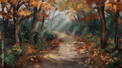  A picture depicts a woodland trail strewn with yellow-orange foliage and numerous fallen leaves