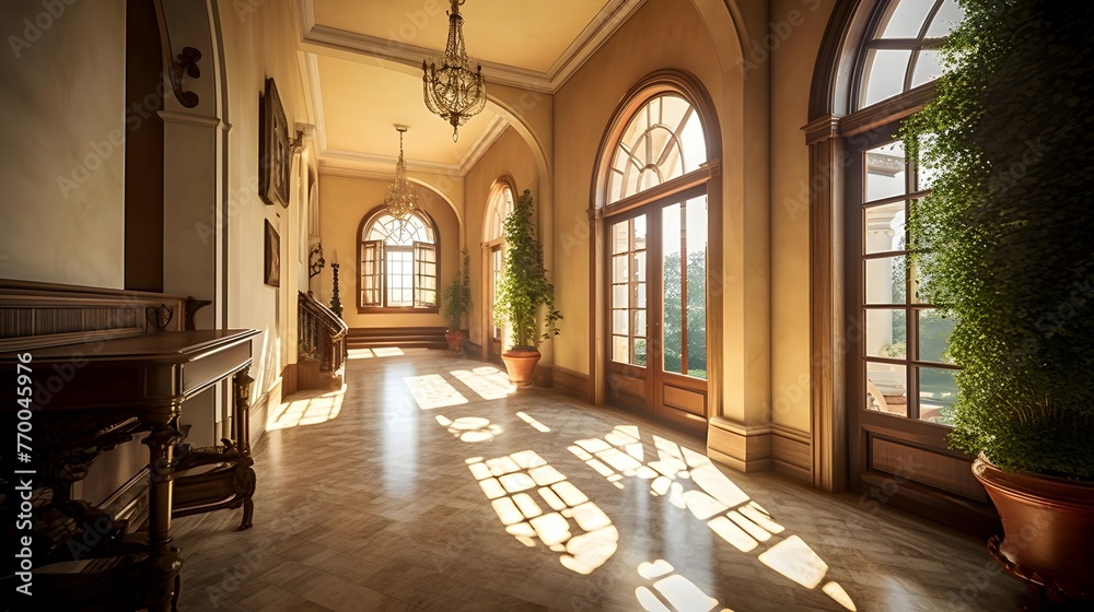 Panoramic view of the interior of an old building with columns and windows