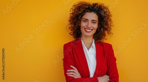hispanic business woman of 35 years wearing  red suite and white blouse attire. golden brown background