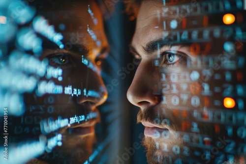 male programmer staring at monitor screen close up with code reflecting on his face