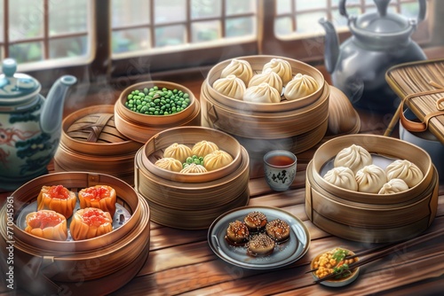chinese dim sum, dumplings dishes on a table illustration