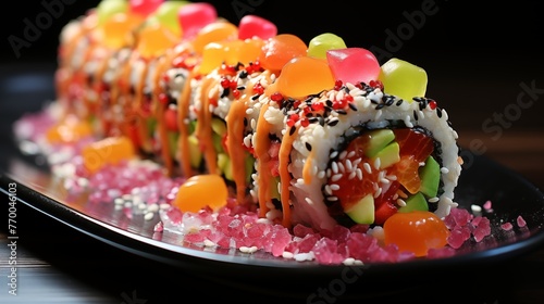 Sweet treat sushi roll cake made of buttercream "rice" filled with sprinkles and fruity pebbles.