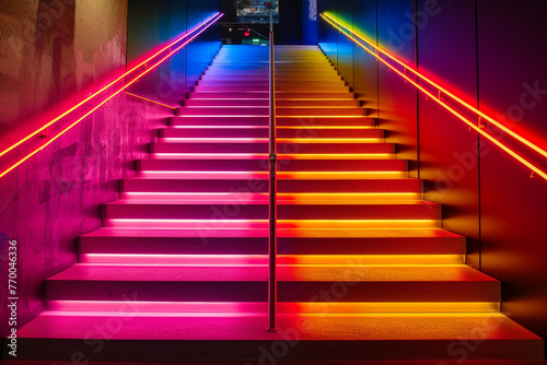 Stairs lit with a neon light spectrum, transitioning smoothly from one color to the next