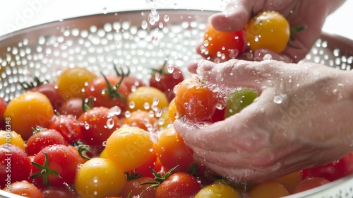 Hand washing multi-colored cherry tomatoes in a colander. Close-up food preparation with copy space