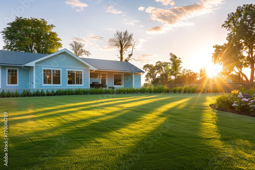 Cool elegance of light blue home at sunset, shadows lengthening across lush green lawn. Modern landscaping accents scene in sharp, high-resolution detail, focusing on tranquil beauty. photo