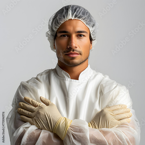 A food service worker wearing gloves and a hairnet isolated on white background, photo, png  © Никита Жуковец