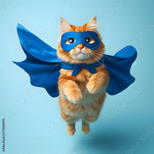 A cute artificial intelligence-generated superhero consisting of a cat with a blue cape on its back and a blue mask over its eyes, standing in front of a blue background 
