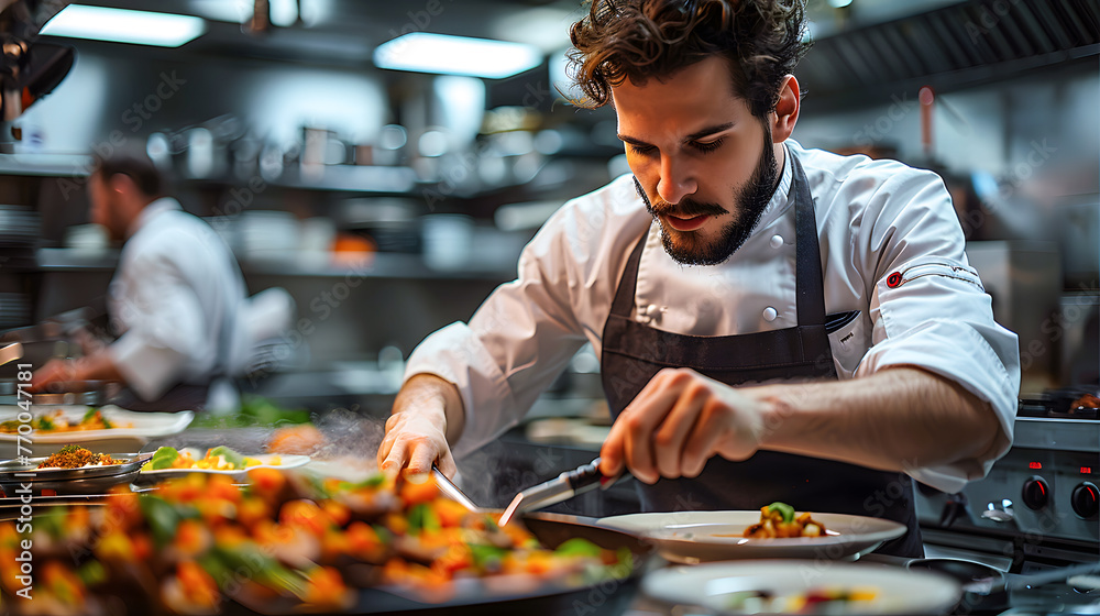 Man Preparing Food on Plate in Kitchen. Generative AI Man Preparing Food on Plate in Kitchen. Generative AI