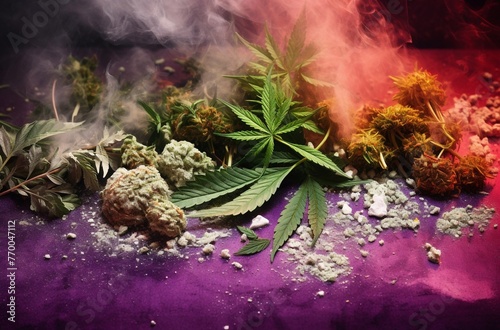 Close Up of Marijuana Buds, Leaves, Smoke on Purple Table Black Background	

