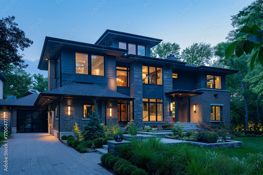 During the serene blue hour, a modern charcoal grey home stands out against lush green surroundings. Brick, stone, and precise landscaping create an inviting ambiance.