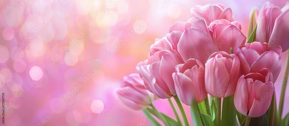 Pink tulips arranged in a bouquet against a blurred background, with space for a greeting message. Ideal for Valentine's Day or Mother's Day,