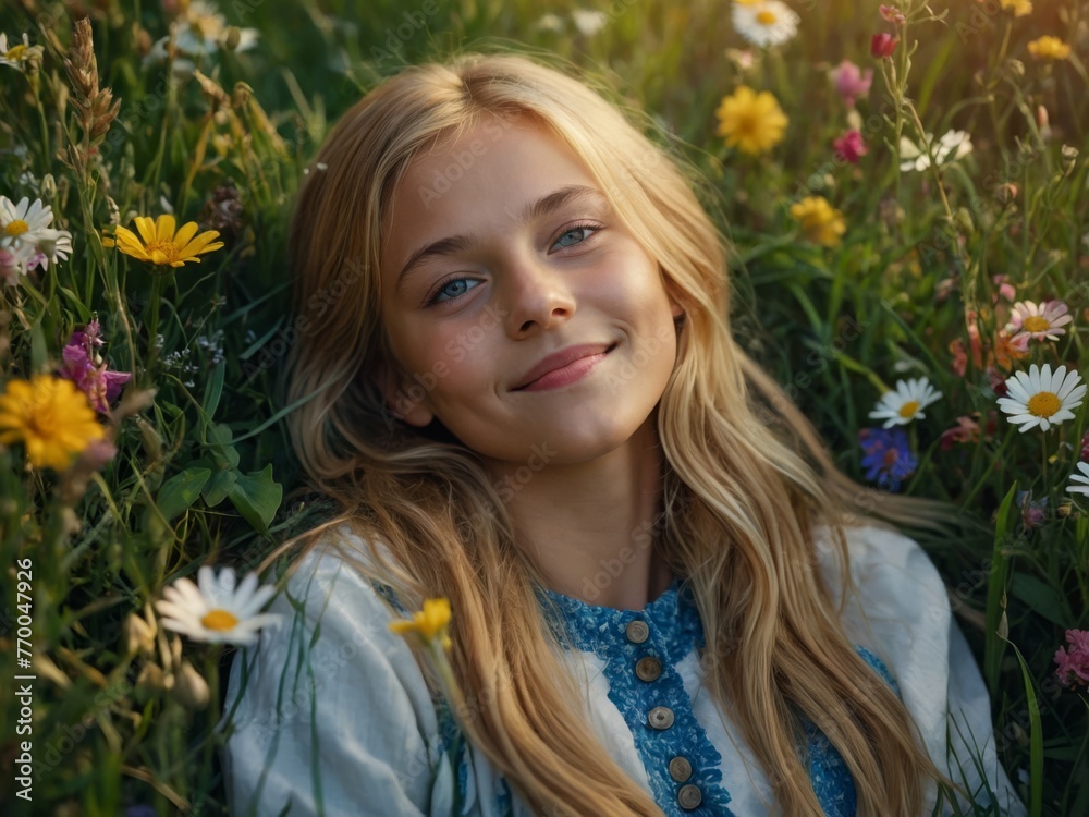 Portrait d'un enfant heureux couché dans l'herbe entouré de fleurs dans une prairie, zen, relax, sourire Portrait d'un enfant heureux couché dans l'herbe entouré de fleurs dans une prairie, zen, relax, sourire