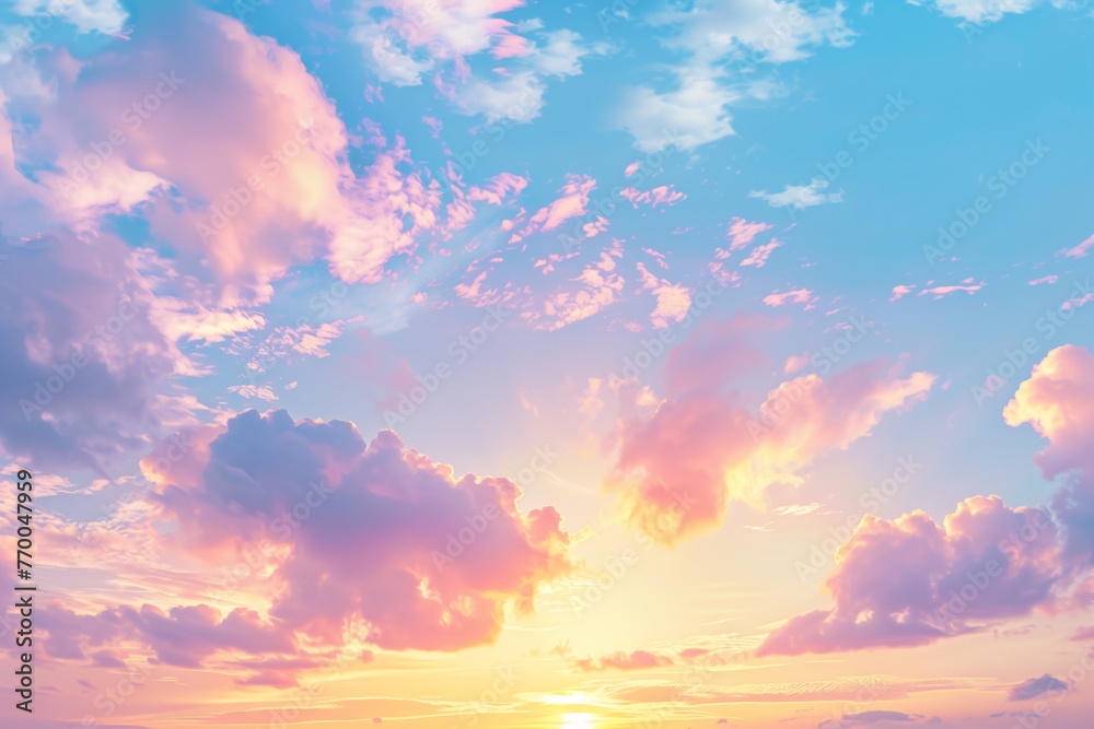 Beautiful sky with a beautiful sunset, a blue and orange sky with soft clouds, a sky background