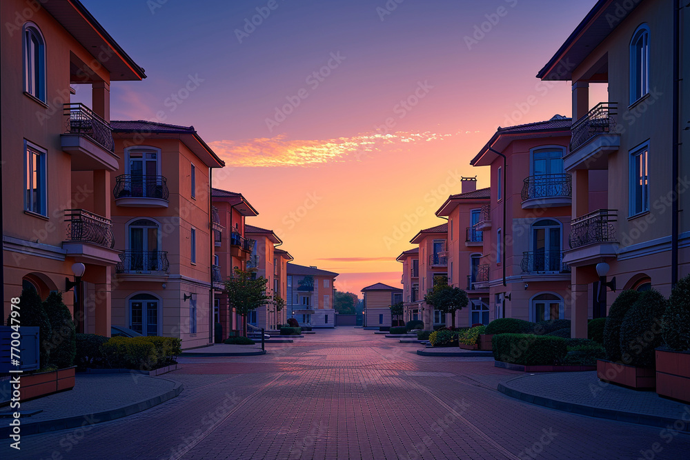 Early dawn perspective of European apartment complex, serene beauty of architecture in quiet morning.