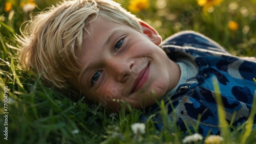 Portrait d'un enfant heureux couché dans l'herbe entouré de fleurs dans une prairie, zen, relax, sourire