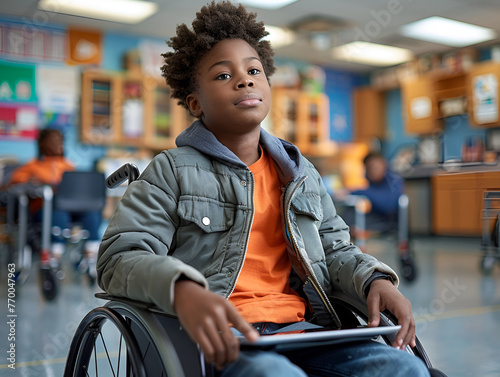 Young learner in wheelchair with digital tablet, inclusive education setting.