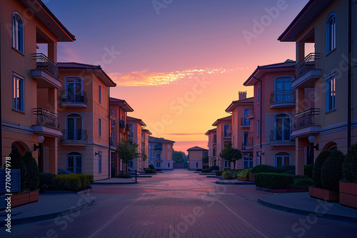 Early dawn perspective of European apartment complex, serene beauty of architecture in quiet morning. © M Arif