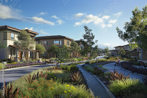 A sustainable residential community with energy-efficient homes, community gardens, and pedestrian-friendly paths. photo