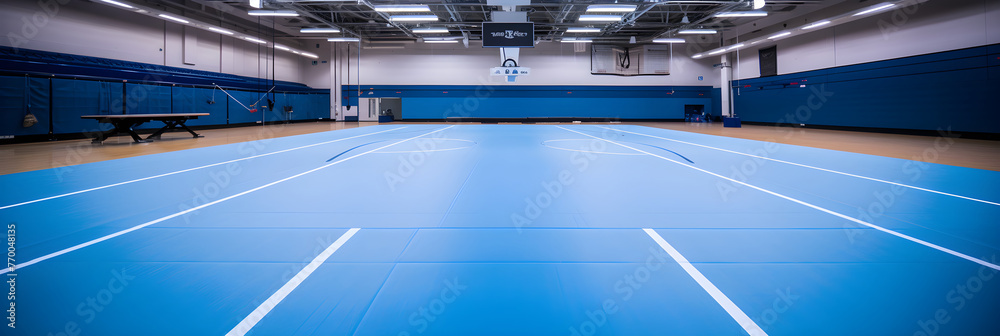 Professional Large Blue Gymnastics Mat in a Well-Lit Spacious Gymnasium - Setting the Scene for Safety and Precision