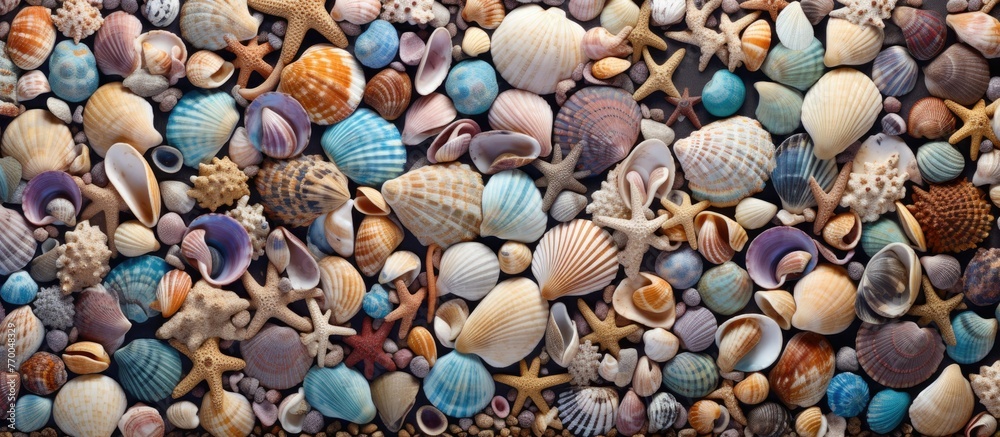 Naklejka premium Creation from natural material, a pile of sea shells and starfish on a beach. Inspiring creative arts, fashion accessories, events, water craft, magenta jewellery