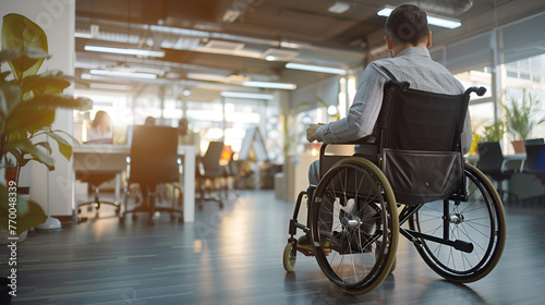 The back view of a man in a wheelchair illustrates the move towards inclusive workspaces, promoting autonomy and equality.