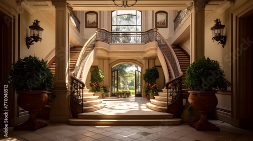 Panoramic view of beautiful garden with stairs and decorative plants. © Iman