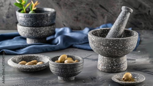  Three stone bowls, a mortar and pestle set
