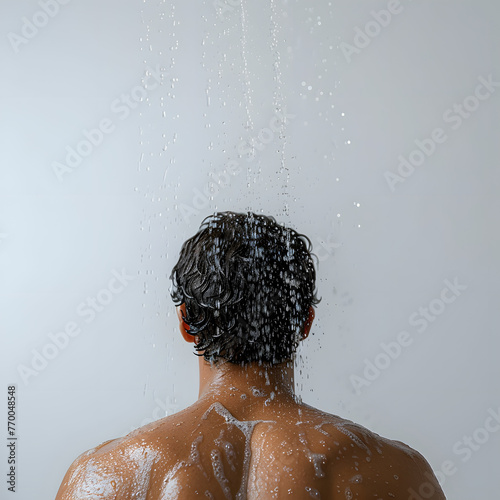 Person taking a shower, focusing on the water and soap isolated on white background, cinematic, png 