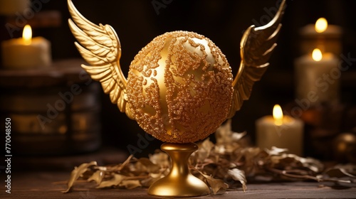 Ultra HD realistic golden snitch cake pop glazed in metallic edible luster dust to mimic the Quidditch ball. photo
