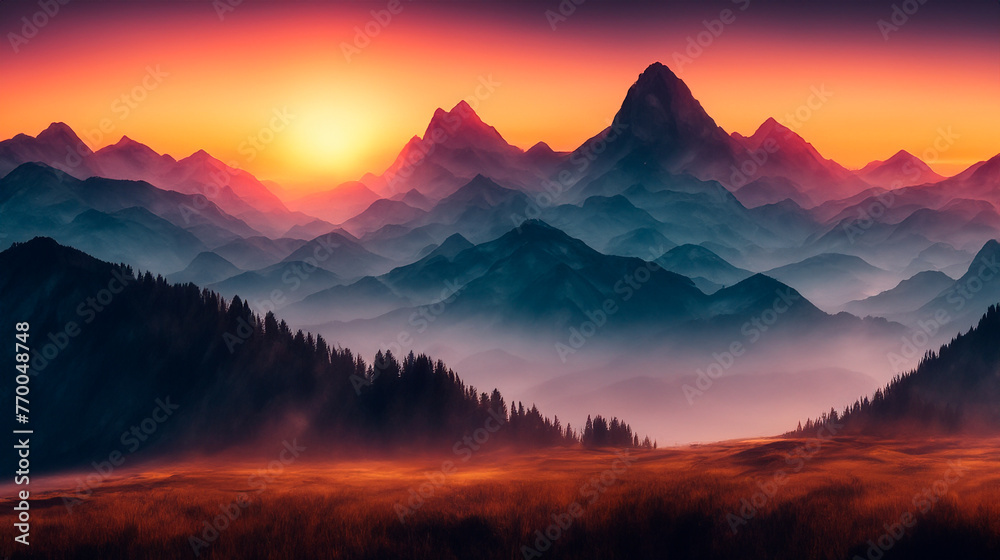 Obraz premium sunrise over mountains, surreal landscape. AI generative.