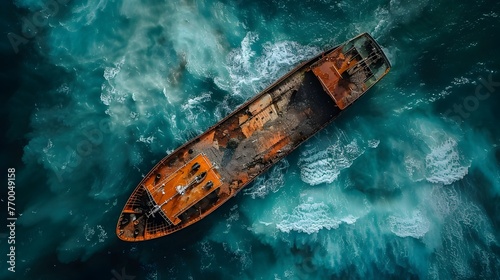 Dramatic Aerial View of Damaged Boat Shipwrecked in Turbulent Ocean Amid Chaotic Conditions and Raging Waves