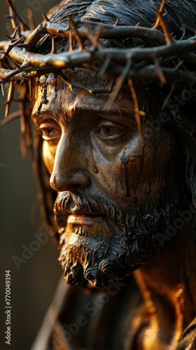 A poignant portrayal of Jesus Christ wearing a crown of thorns, embodying the concept of atonement